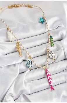 Seramik Motifli Pembe Balık Figürlü Model Krem İp Kadın Kolye