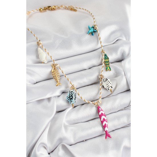 Seramik Motifli Pembe Balık Figürlü Model Krem İp Kadın Kolye