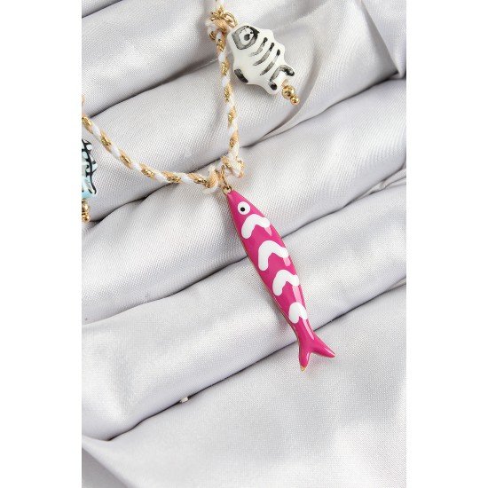 Seramik Motifli Pembe Balık Figürlü Model Krem İp Kadın Kolye