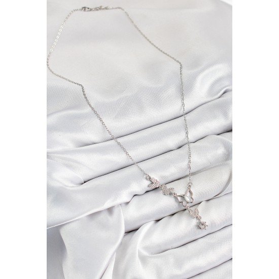 316L Çelik Zirkon Taşlı Kelebek Model Gümüş Renk Kadın Kolye