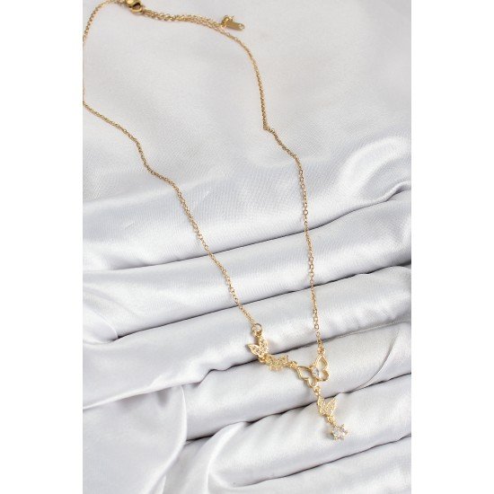 316L Çelik Zirkon Taşlı Kelebek Model Gold Renk Kadın Kolye