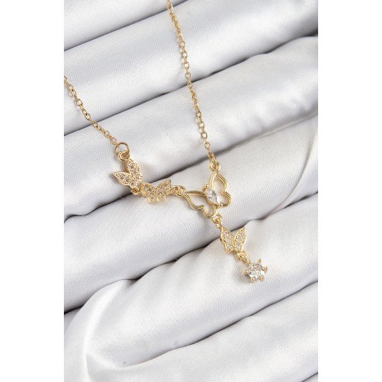 316L Çelik Zirkon Taşlı Kelebek Model Gold Renk Kadın Kolye