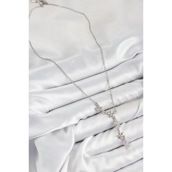 316L Çelik Zirkon Taşlı Çiçek Model Gümüş Renk Kadın Kolye