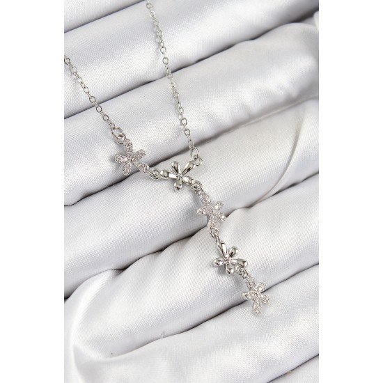 316L Çelik Zirkon Taşlı Çiçek Model Gümüş Renk Kadın Kolye