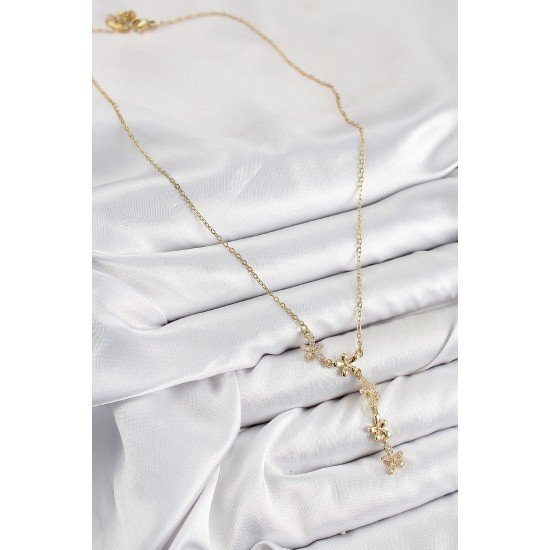 316L Çelik Zirkon Taşlı Çiçek Model Gold Renk Kadın Kolye