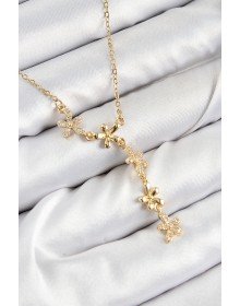 316L Çelik Zirkon Taşlı Çiçek Model Gold Renk Kadın Kolye