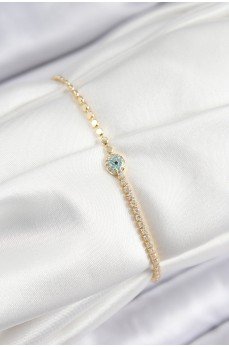 Pirinç Zirkon Taşlı Nazar Model Ezme Zincir Gold Renk Kadın Bileklik