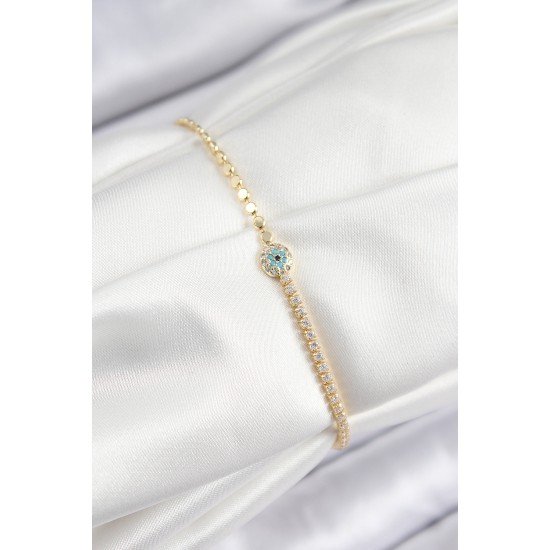 Pirinç Zirkon Taşlı Nazar Model Ezme Zincir Gold Renk Kadın Bileklik