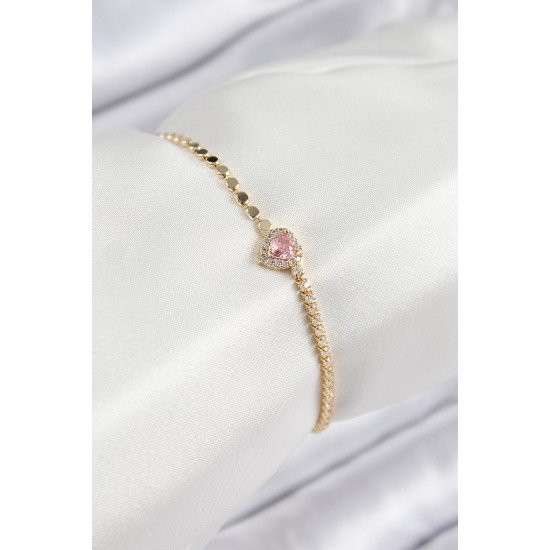 Pirinç Zirkon Taşlı Kalp Model Ezme Zincir Gold Renk Kadın Bileklik