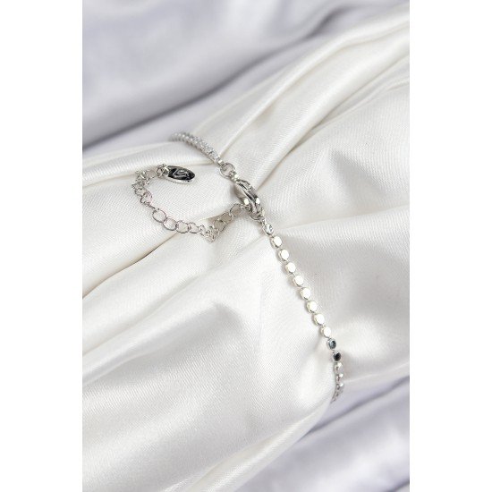 Pirinç Zirkon Taşlı Kalp Model Ezme Zincir Gümüş Renk Kadın Bileklik