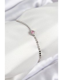 Pirinç Zirkon Taşlı Kalp Model Ezme Zincir Gümüş Renk Kadın Bileklik