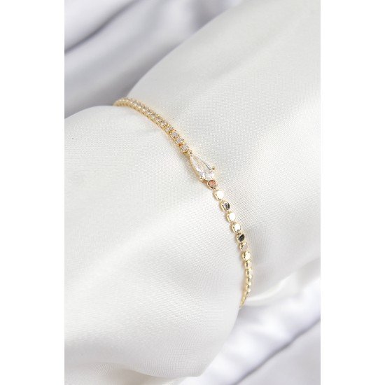 Pirinç Zirkon Taşlı Damla Model Ezme Zincir Gold Renk Kadın Bileklik