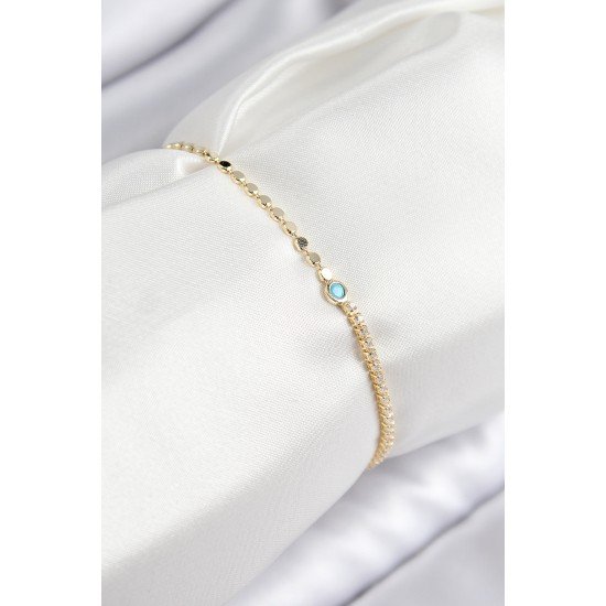 Pirinç Zirkon Taşlı Boncuk Model Ezme Zincir Gold Renk Kadın Bileklik