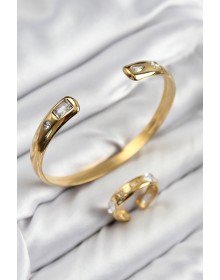 Pirinç Zirkon Taşlı Ayrık Model Gold Renk Bileklik Yüzük Set