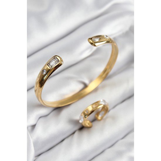 Pirinç Zirkon Taşlı Ayrık Model Gold Renk Bileklik Yüzük Set