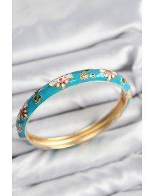 Mineli Pirinç Mavi Çiçek Motifli Gold Kadın Kelepçe