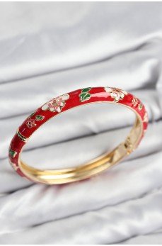 Mineli Pirinç Kırmızı Çiçek Motifli Gold Kadın Kelepçe Mineli Pirinç Kırmızı Çiçek Motifli Gold Kadın Kelepçe