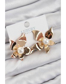 Pirinç İnci Detaylı Çiçek Model Gold Renk Kadın Küpe