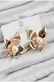 Pirinç İnci Detaylı Çiçek Model Gold Renk Kadın Küpe
