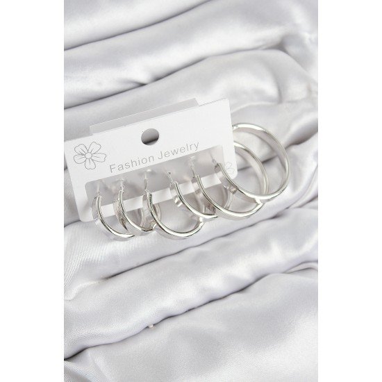 Pirinç Halka Model Gümüş Renk Kadın Set Küpe