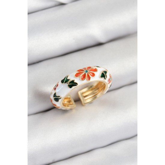 Pirinç Beyaz Mineli Çiçek Motifli Gold Renk Ayarlanabilir Kadın Yüzük