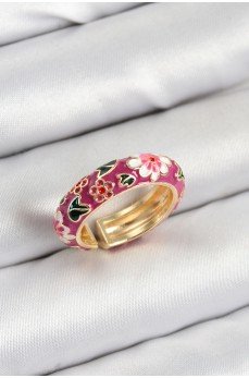 Pirinç Fuşya Mineli Çiçek Motifli Gold Renk Ayarlanabilir Kadın Yüzük