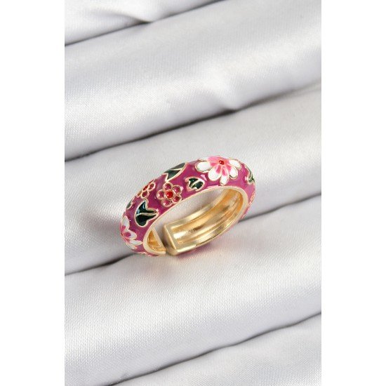 Pirinç Fuşya Mineli Çiçek Motifli Gold Renk Ayarlanabilir Kadın Yüzük