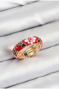 Pirinç Kırmızı Mineli Çiçek Motifli Gold Renk Ayarlanabilir Kadın Yüzük