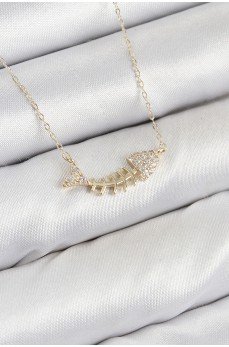 Pirinç Zirkon Taşlı Balık Kılçığı Model Gold Renk Kadın Kolye