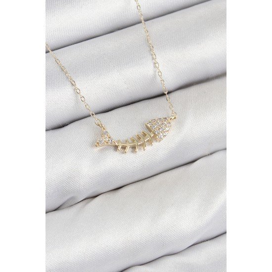 Pirinç Zirkon Taşlı Balık Kılçığı Model Gold Renk Kadın Kolye Pirinç Zirkon Taşlı Balık Kılçığı Model Gold Renk Kadın Kolye