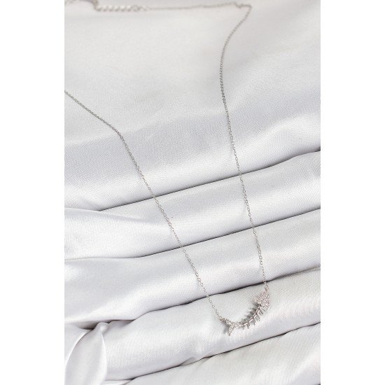 Pirinç Zirkon Taşlı Balık Kılçığı Model Gümüş Renk Kadın Kolye Pirinç Zirkon Taşlı Balık Kılçığı Model Gümüş Renk Kadın Kolye