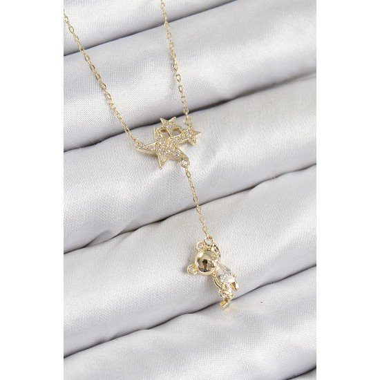 Pirinç Zirkon Taşlı Sallantılı Ayıcıklı Yıldız Model Gold Renk Kadın Kolye Pirinç Zirkon Taşlı Sallantılı Ayıcıklı Yıldız Model Gold Renk Kadın Kolye