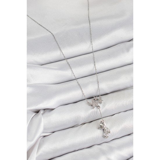 Pirinç Zirkon Taşlı Sallantılı Ayıcıklı Yıldız Model Gümüş Renk Kadın Kolye Pirinç Zirkon Taşlı Sallantılı Ayıcıklı Yıldız Model Gümüş Renk Kadın Kolye