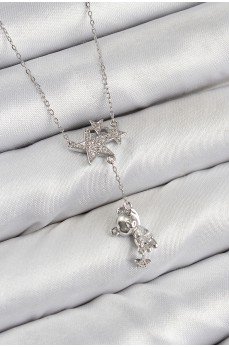 Pirinç Zirkon Taşlı Sallantılı Ayıcıklı Yıldız Model Gümüş Renk Kadın Kolye