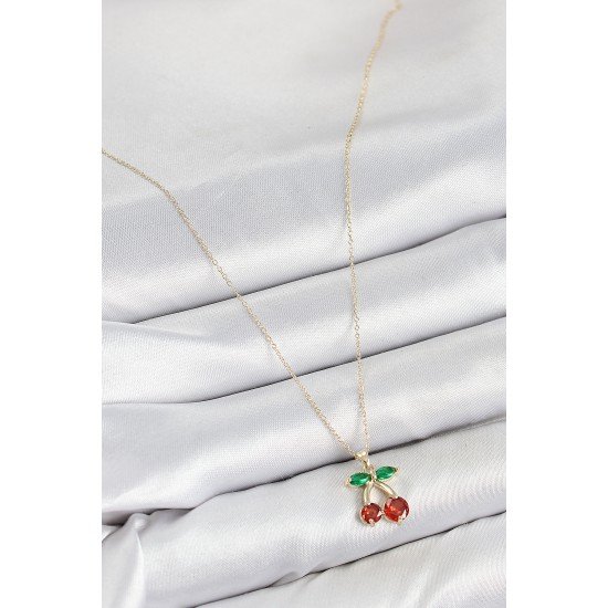 Pirinç Zirkon Taşlı Kiraz Model Gold Renk Kadın Kolye Pirinç Zirkon Taşlı Kiraz Model Gold Renk Kadın Kolye