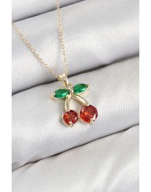 Pirinç Zirkon Taşlı Kiraz Model Gold Renk Kadın Kolye