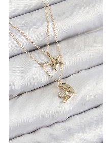 Pirinç Zirkon Taşlı Yıldız Ve Ay Model Gold Renk Kadın Kolye