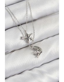 Pirinç Zirkon Taşlı Yıldız Ve Ay Model Gümüş Renk Kadın Kolye