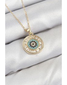 Pirinç Zirkon Taşlı Su Yolu Nazar Model Gold Renk Kadın Kolye