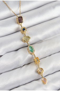 Pirinç Renkli Zirkon Taşlı Model Gold Renk 7 Element Kadın Y Kolye