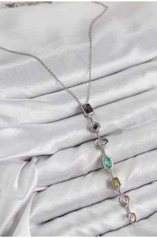 Pirinç Renkli Zirkon Taşlı Model Gümüş Renk 7 Element Kadın Y Kolye