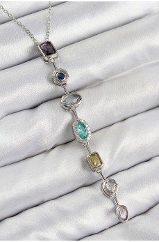 Pirinç Renkli Zirkon Taşlı Model Gümüş Renk 7 Element Kadın Y Kolye