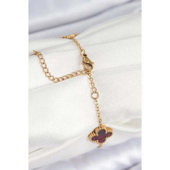 316L Çelik Sedefli Kırmızı Gold Renk Yonca Kadın Bileklik