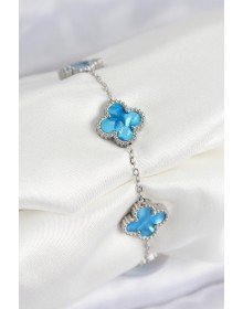 316L Çelik Sedefli Gökyüzü Mavisi Gümüş Renk Yonca Kadın Bileklik