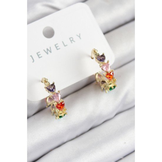 Pirinç Zirkon Taşlı Kalp Model Gold Renk Kadın Küpe