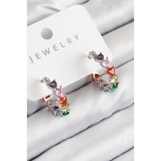 Pirinç Zirkon Taşlı Kalp Model Gümüş Renk Kadın Küpe