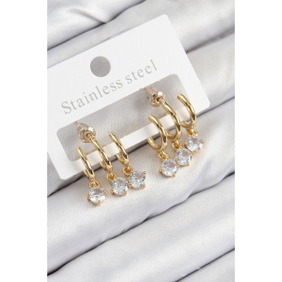 Pirinç Sallantılı Zirkon Taşlı Model Gold Renk Kadın Küpe