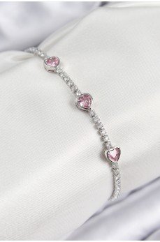 Pirinç Zirkon Taşlı Pembe Kalp Model Gümüş Renk Kadın Bileklik