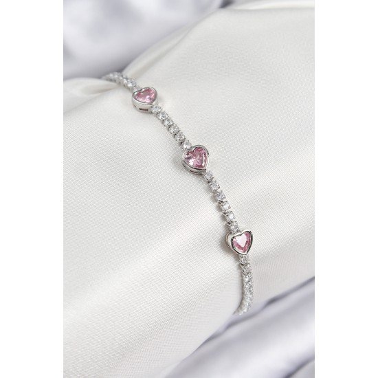 Pirinç Zirkon Taşlı Pembe Kalp Model Gümüş Renk Kadın Bileklik