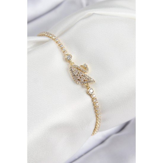 Pirinç Zirkon Taşlı Kuğu Model Gold Renk Kadın Bileklik Pirinç Zirkon Taşlı Kuğu Model Gold Renk Kadın Bileklik
